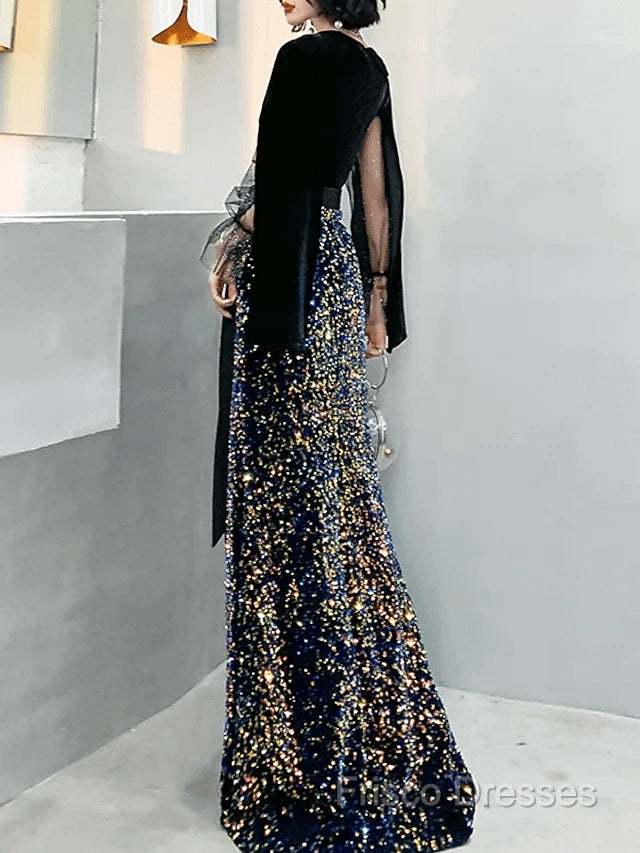 Mermaid / Trumpet Sparkle Gothic Formal Prom Formal Dress V Neck Long Sleeve Floor Length Sequined Velvet With Sash / Ribbon Sequin Secondary image