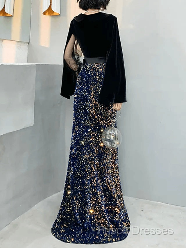 Mermaid / Trumpet Sparkle Gothic Formal Prom Formal Dress V Neck Long Sleeve Floor Length Sequined Velvet With Sash / Ribbon Sequin