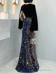 Mermaid / Trumpet Sparkle Gothic Prom Formal Evening Dress V Neck Long Sleeve Floor Length Sequined Velvet With Sash / Ribbon Sequin