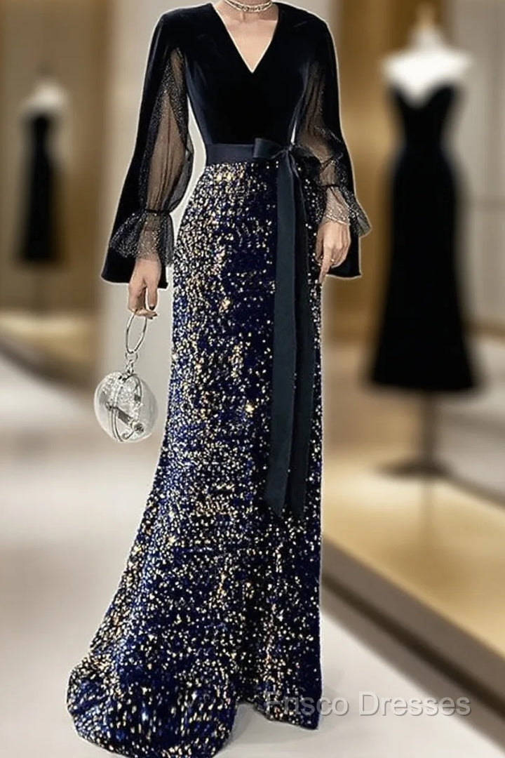 Mermaid / Trumpet Sparkle Gothic Formal Prom Formal Dress V Neck Long Sleeve Floor Length Sequined Velvet With Sash / Ribbon Sequin Main image