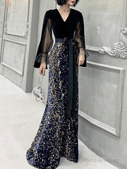 Mermaid / Trumpet Sparkle Gothic Prom Formal Evening Dress V Neck Long Sleeve Floor Length Sequined Velvet With Sash / Ribbon Sequin
