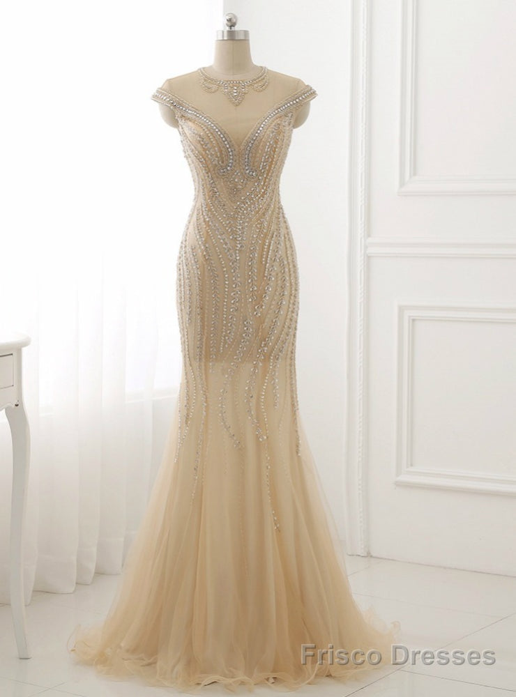 Mermaid Tulle Beading Evening Dress O Neck Short Sleeve
