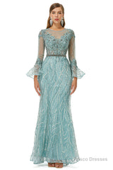 Mermaid Tulle Beading Long Sleeve Prom Dresses