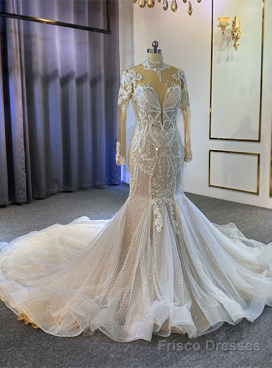 Mermaid Tulle High Neck Illusion Back Beading Wedding Dress Main image