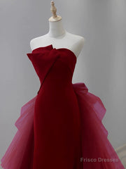 Mermaid Tulle Velvet Burgundy Long Prom Dress, Burgundy Long Evening Dress
