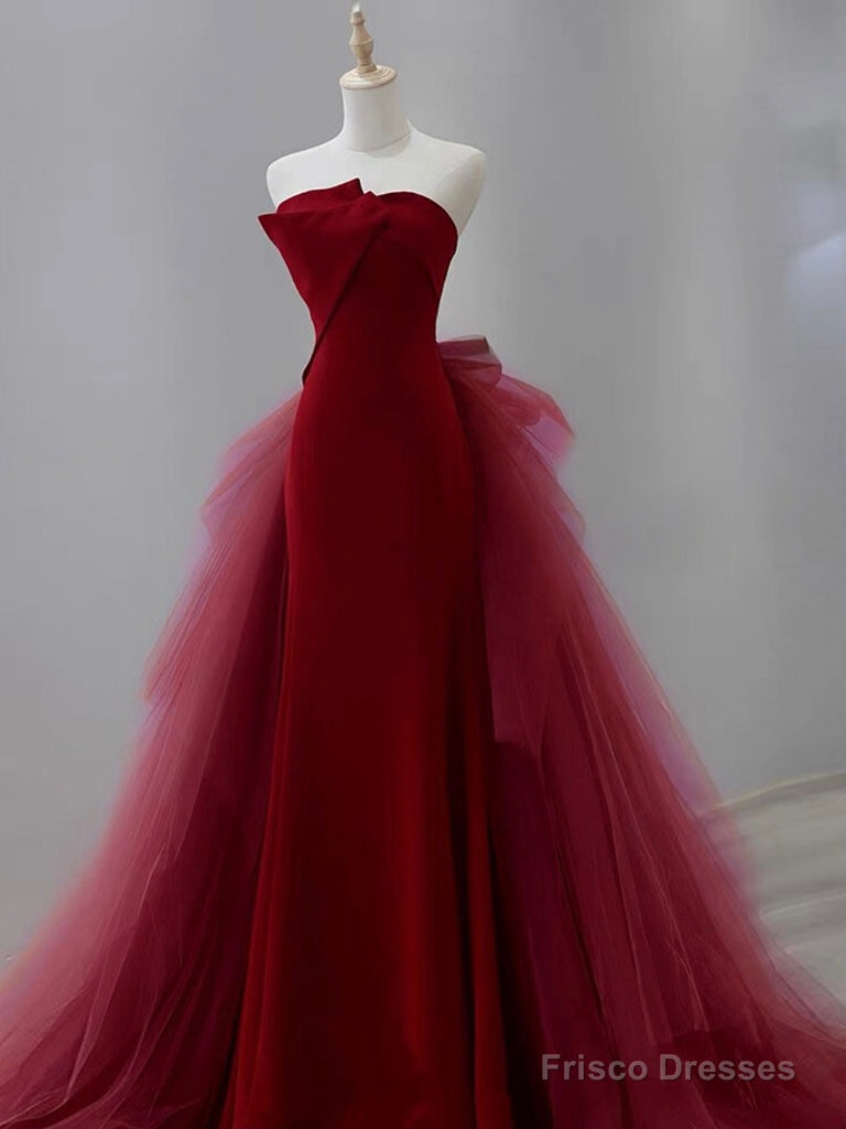 Mermaid Tulle Velvet Burgundy Long Prom Dress, Burgundy Long Evening Dress Main image