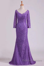 Mermaid V Neck 3/4 Length Sleeve Lace Floor Length Mother Of The Bride Dress