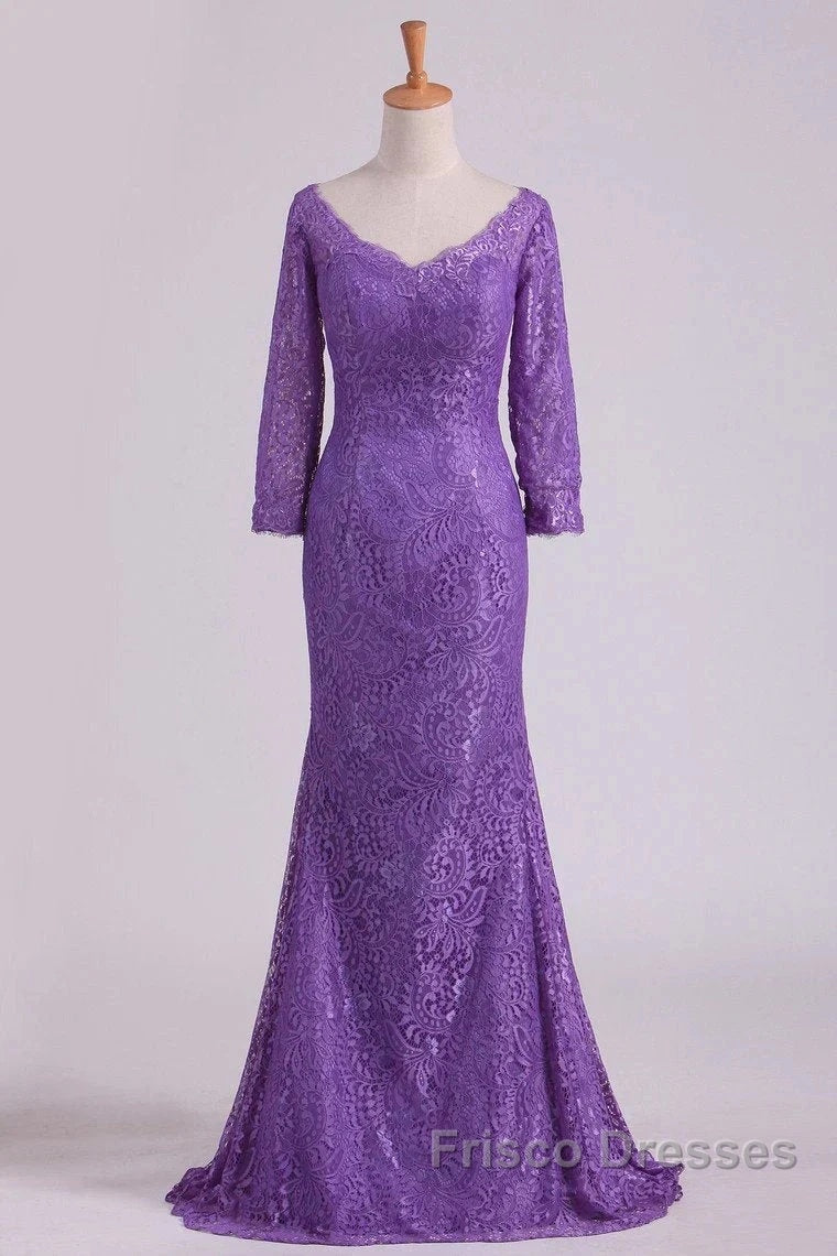 Mermaid V Neck 3/4 Length Sleeve Lace Floor Length Mother Of The Bride Dress