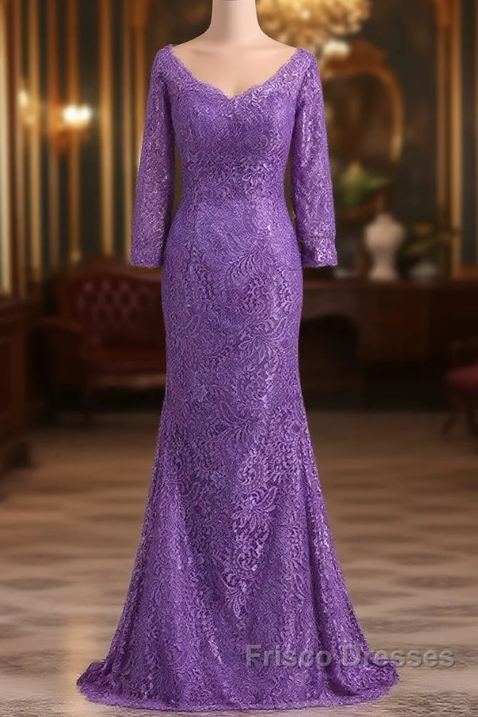Mermaid V Neck 3/4 Length Sleeve Lace Floor Length Mother Of The Bride Dress