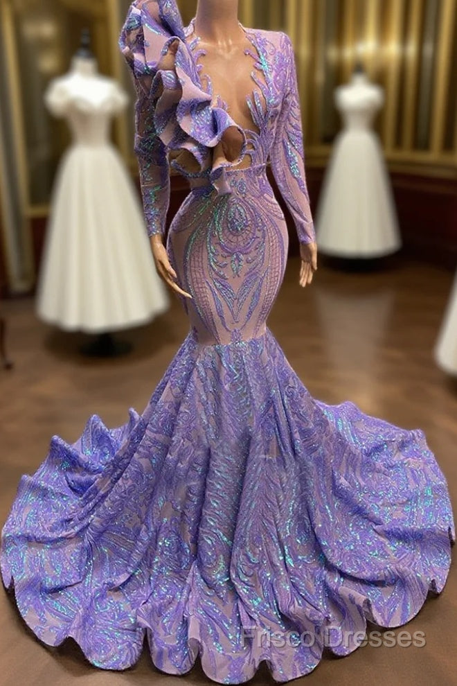 Mermaid V-Neck Appliques Lace Sequined Open Back Floor-Length Long Sleeve Formal Prom Dress