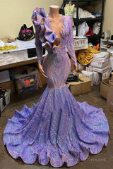 Mermaid V-Neck Appliques Lace Sequined Open Back Floor-Length Long Sleeve Prom Dress
