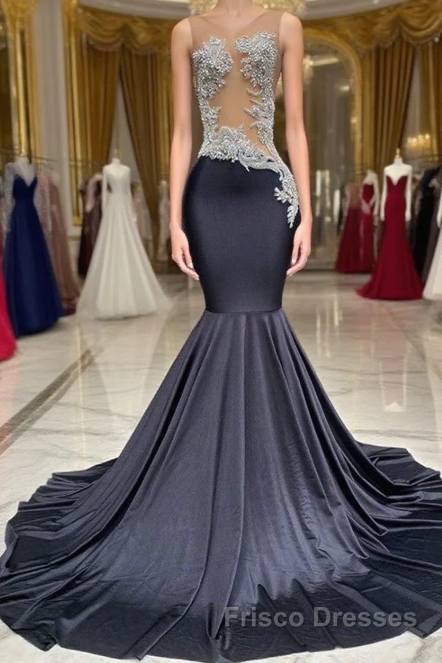 Mermaid V-neck Appliques Lace Sequined Open Back One Shoulder Floor-length Sleeveless Formal Prom Dresses Main image