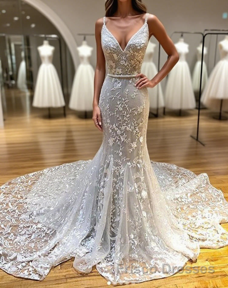 Mermaid V Neck Backless White Lace Long Formal Prom Dresses, Mermaid Ivory Lace Formal Dresses, Ivory Lace Evening Dresses Main image