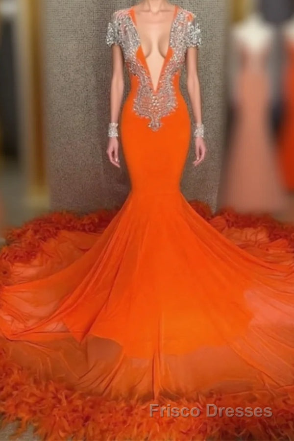 Mermaid V-neck Beaded Sequined Floor-length Long Sleeves With Feather Formal Prom Dresses