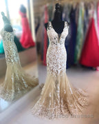 Mermaid V Neck Champagne Lace Formal Prom Dresses, Mermaid Champagne Formal Dresses, Champagne Lace Evening Dresses