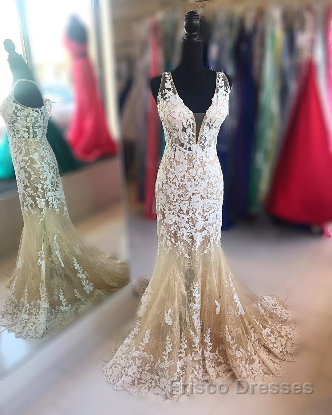 Mermaid V Neck Champagne Lace Formal Prom Dresses, Mermaid Champagne Formal Dresses, Champagne Lace Evening Dresses