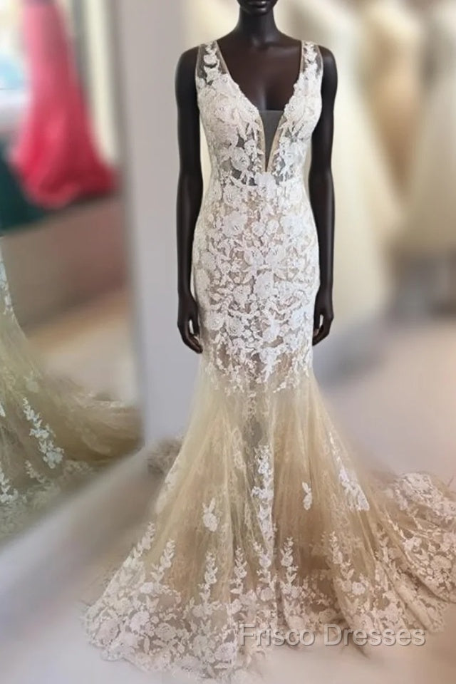 Mermaid V Neck Champagne Lace Formal Prom Dress, Mermaid Champagne Formal Dress