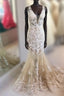 Mermaid V Neck Champagne Lace Formal Prom Dress, Mermaid Champagne Formal Dress