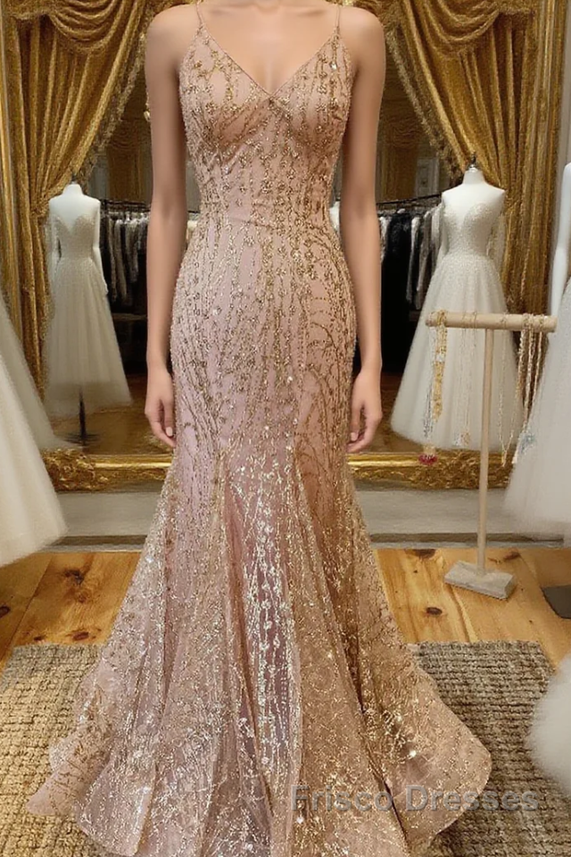 Mermaid V Neck Rose Gold Formal Prom Dresses Stunning Evening Dresses Main image