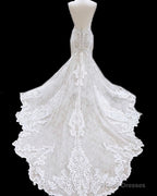 Mermaid V Neck Empire Wedding Dress Lace Open Back