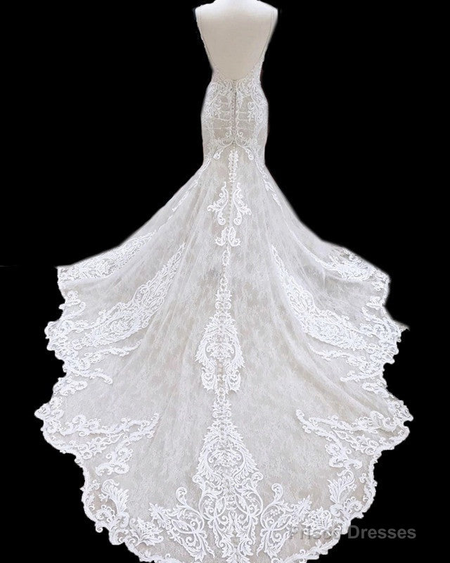 Mermaid V Neck Empire Wedding Dress Lace Open Back