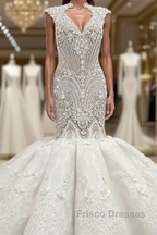 Mermaid V-neck Floor Length Backless Tulle Beading Applique Wedding Dress