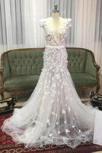 Mermaid V Neck Hand Made Flowers Tulle Wedding Dress