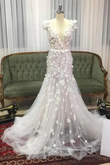 Mermaid V Neck Hand Made Flowers Tulle Wedding Dress