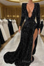 Mermaid V-neck High Split Sequined Floor-length Long Sleeve Formal Prom Dresses