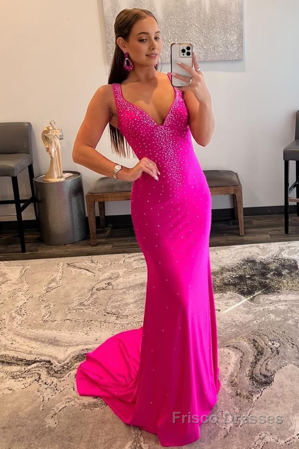 Mermaid V Neck Hot Pink Long Prom Dress with Beading Main image