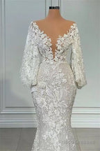 Mermaid V-neck Lace Floor-length Long Sleeve Applique Beaded Wedding Dress