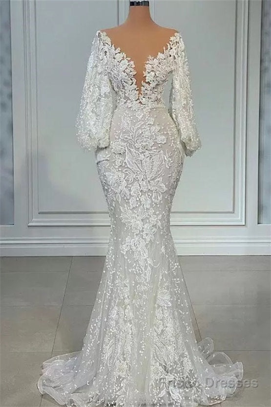 Mermaid V-neck Lace Floor-length Long Sleeve Applique Beaded Wedding Dress Main image