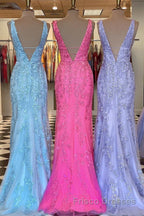 Mermaid V Neck Open Back Lace Long Formal Prom Dresses, Mermaid Formal Evening Dresses