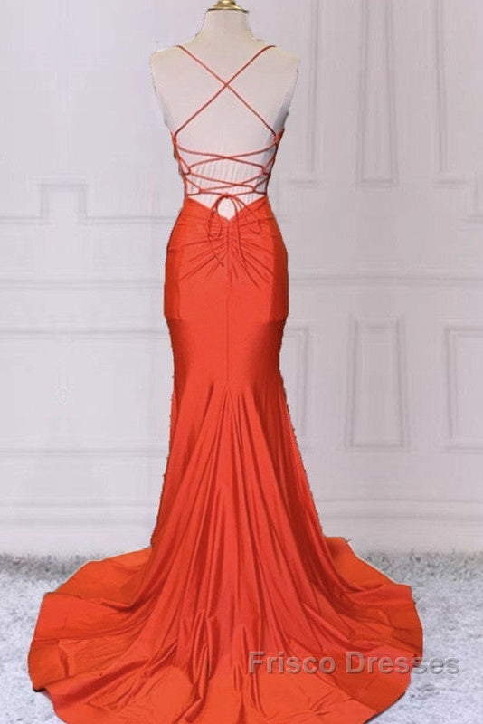 Mermaid V Neck Orange Formal Prom Dress Spaghetti Straps