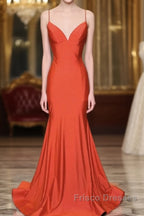 Mermaid V Neck Orange Formal Prom Dress Spaghetti Straps