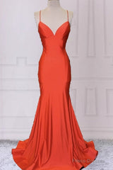 Mermaid V Neck Orange Prom Dresses Spaghetti Straps