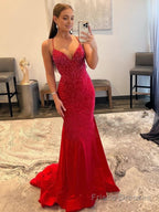 Mermaid V Neck Red Glitter Satin Prom Dress