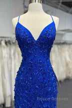 Mermaid V Neck Royal Blue Beade Applique Tulle Long Formal Prom Dress, Evening Dress