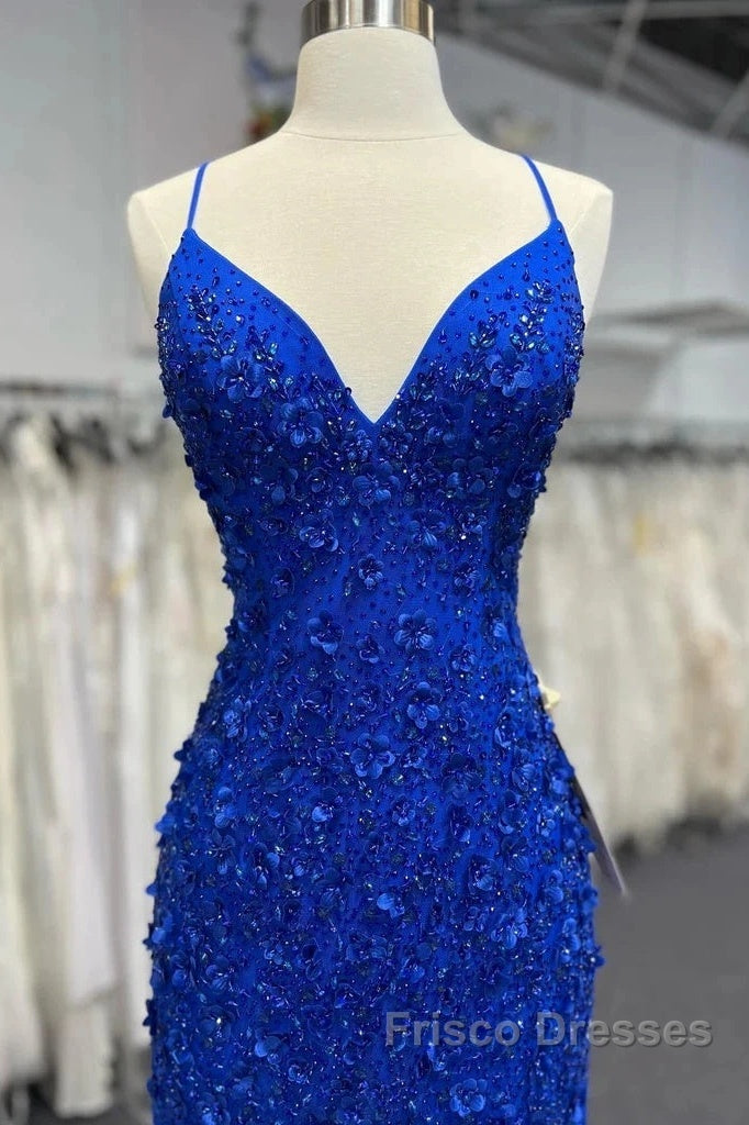Mermaid V Neck Royal Blue Beade Applique Tulle Long Formal Prom Dress, Evening Dress