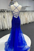 Mermaid V Neck Royal Blue Beade Applique Tulle Long Formal Prom Dress, Evening Dress