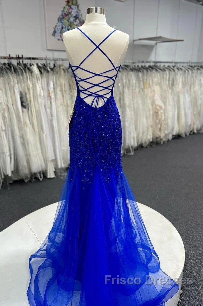 Mermaid V Neck Royal Blue Beade Applique Tulle Long Formal Prom Dress, Evening Dress