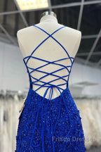 Mermaid V Neck Royal Blue Beade Applique Tulle Long Formal Prom Dress, Evening Dress
