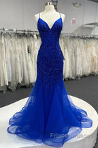 Mermaid V Neck Royal Blue Beade Applique Tulle Long Formal Prom Dress, Evening Dress