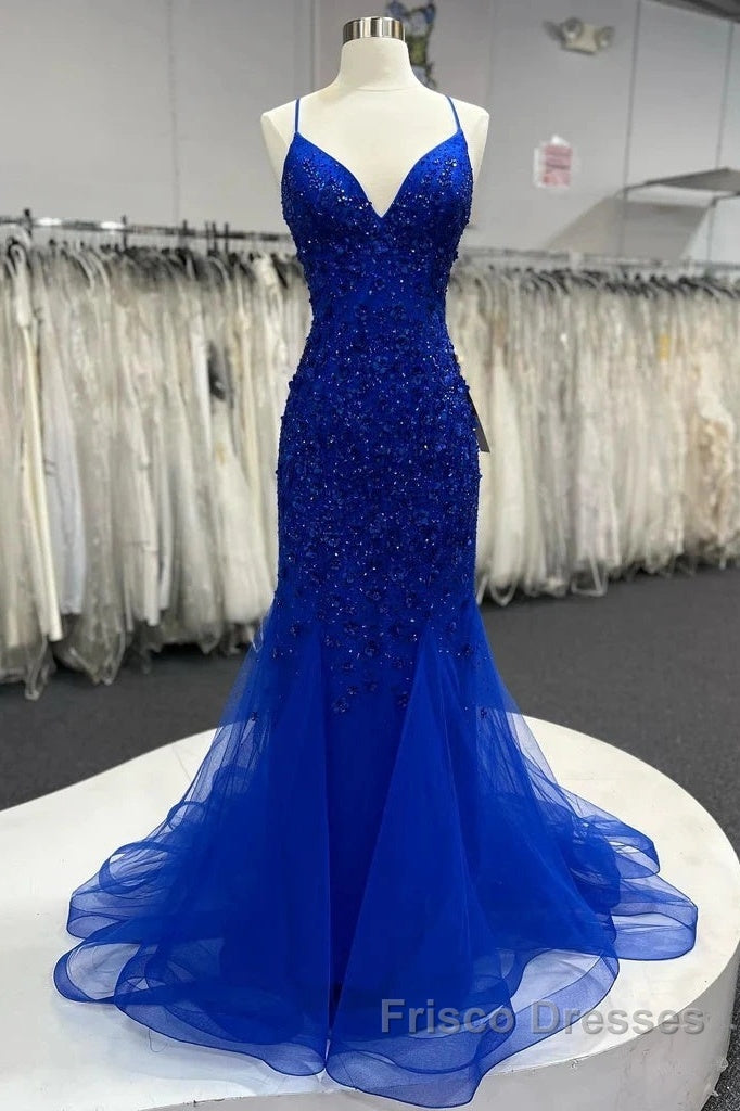 Mermaid V Neck Royal Blue Beade Applique Tulle Long Formal Prom Dress, Evening Dress