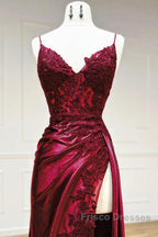 Mermaid V Neck Satin Lace Burgundy Long Formal Prom Dress, Burgundy Long Formal Dress