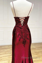 Mermaid V Neck Satin Lace Burgundy Long Formal Prom Dress, Burgundy Long Formal Dress
