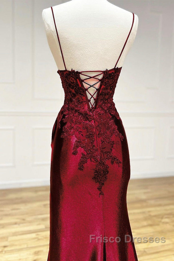 Mermaid V Neck Satin Lace Burgundy Long Formal Prom Dress, Burgundy Long Formal Dress