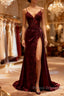 Mermaid V Neck Satin Lace Burgundy Long Formal Prom Dress, Burgundy Long Formal Dress
