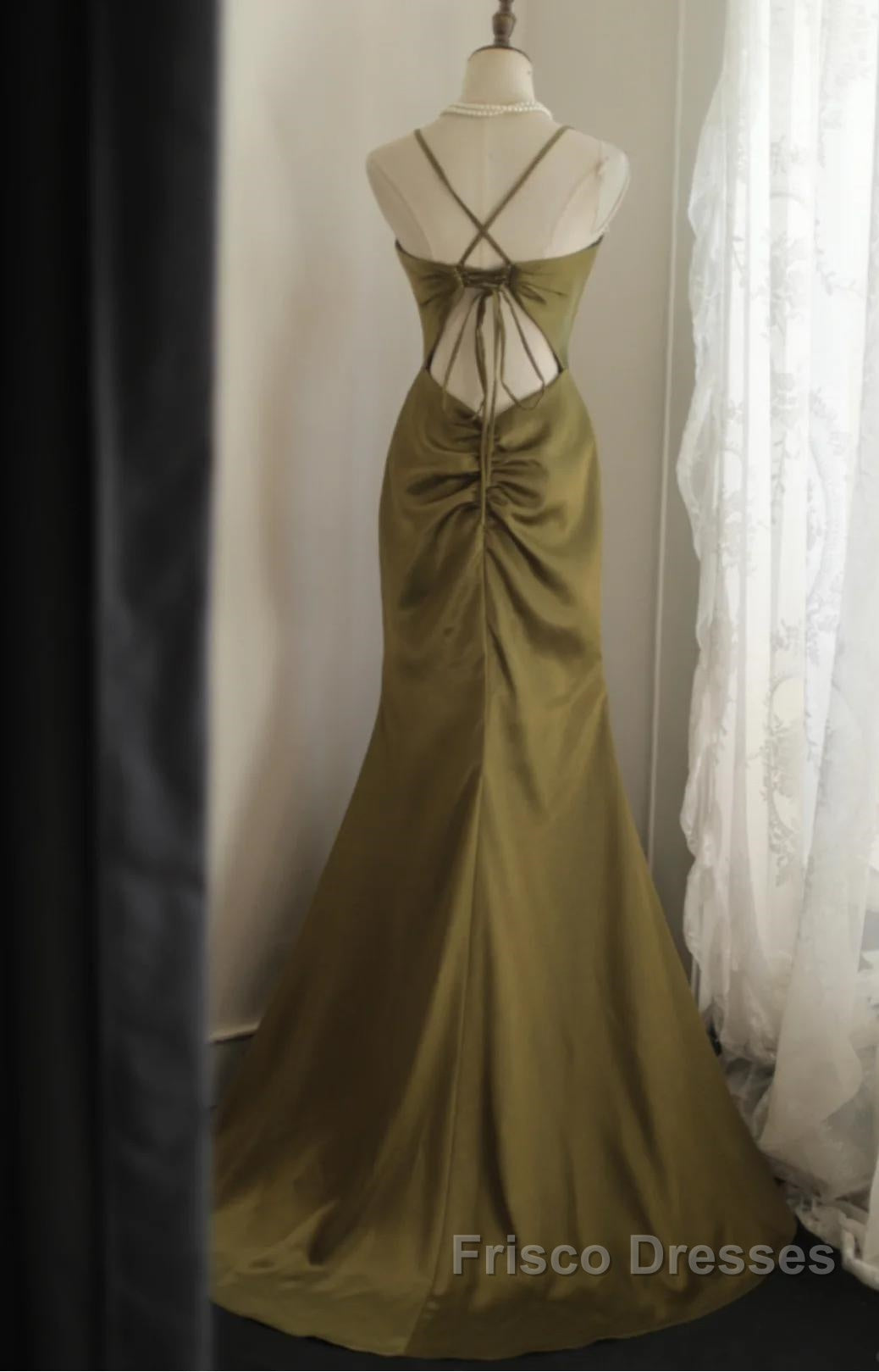Mermaid V-Neck Satin Long Formal Prom Dress Elegant Spaghetti Strap Formal Dress