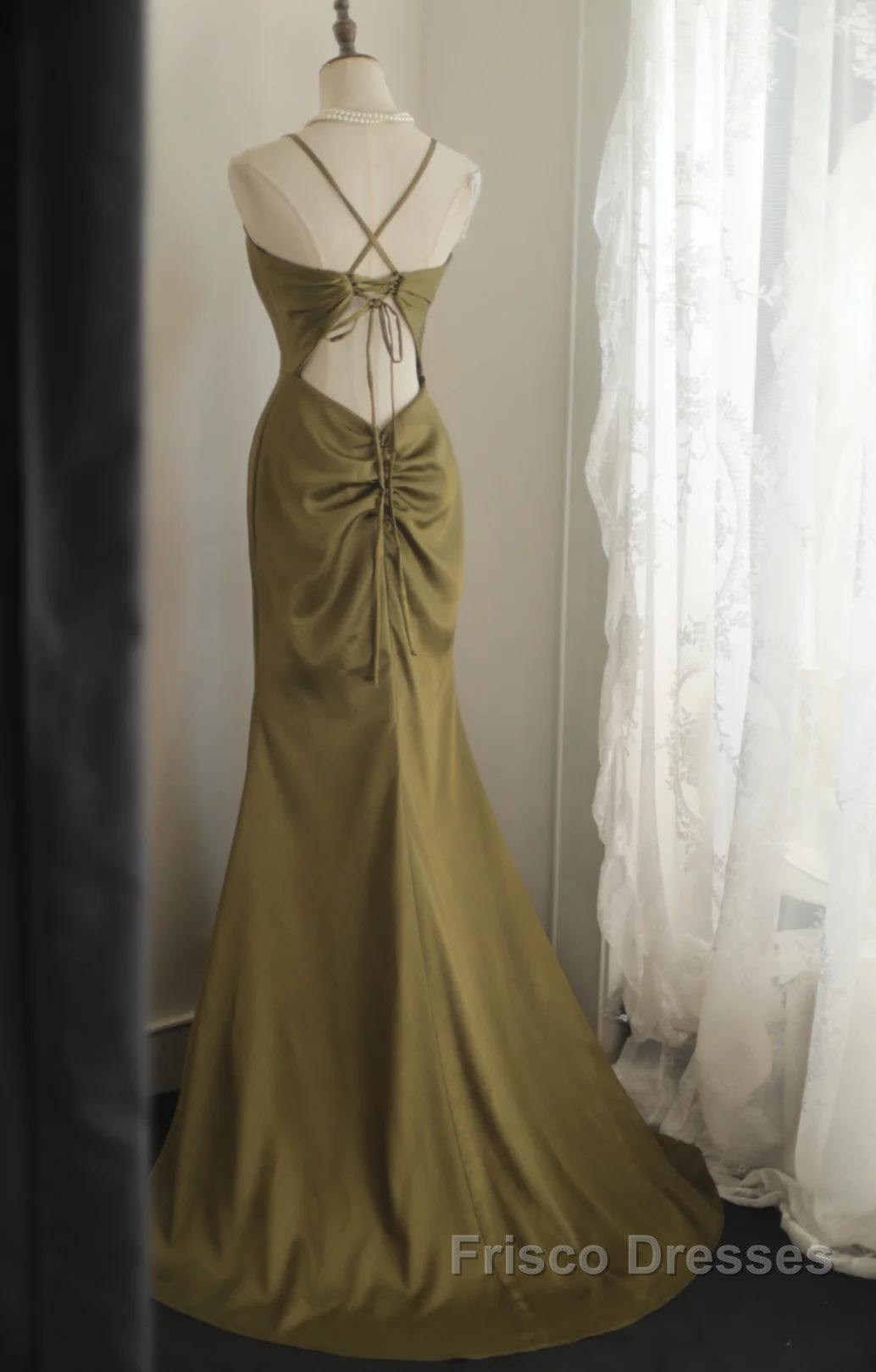 Mermaid V-Neck Satin Long Formal Prom Dress Elegant Spaghetti Strap Formal Dress